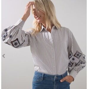 Chicos size 2 12‎ long sleeve button up tunic embroidered sleeve white stripe